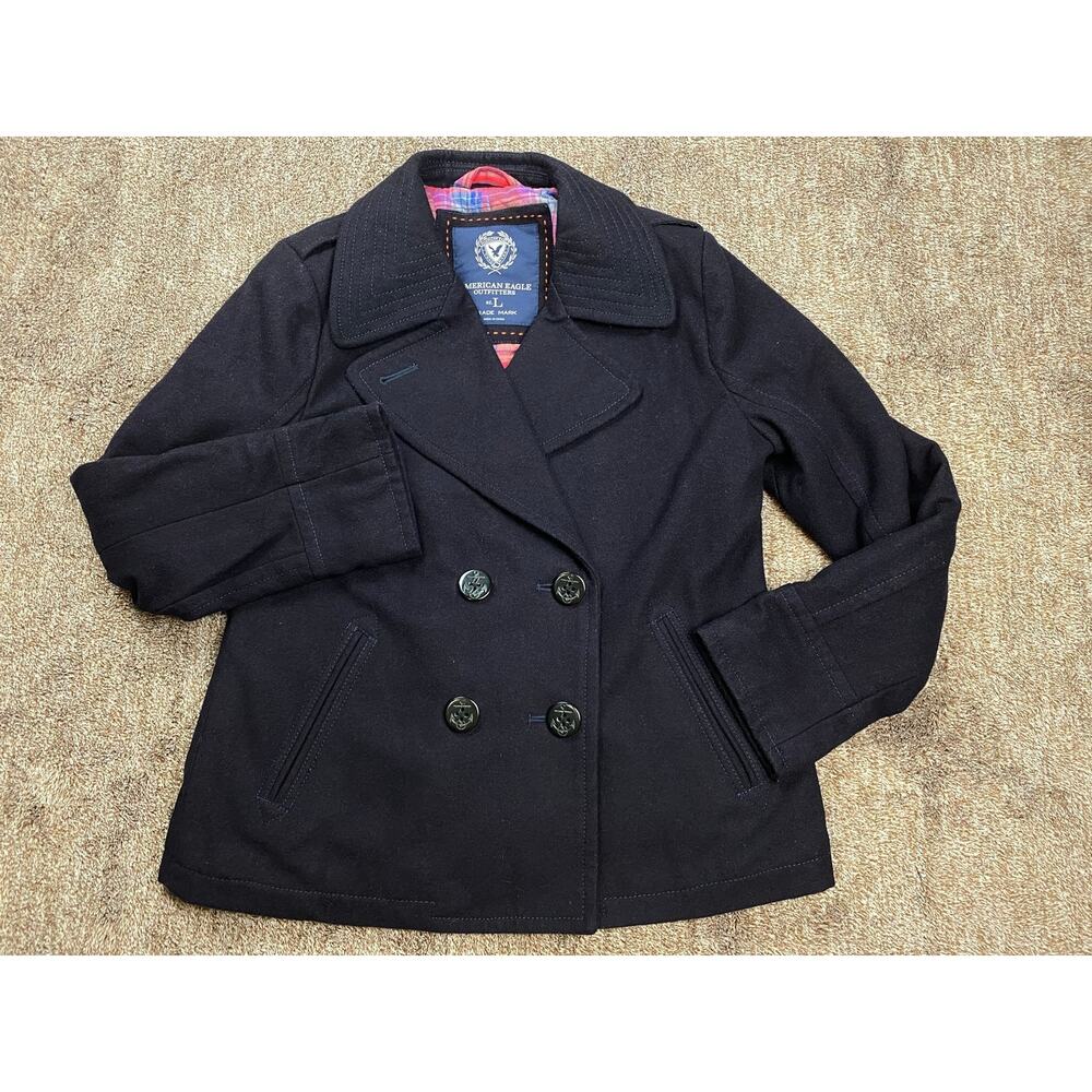 American Eagle Outfitters Pea Coat Women Large Black Double Breasted Wool Blend